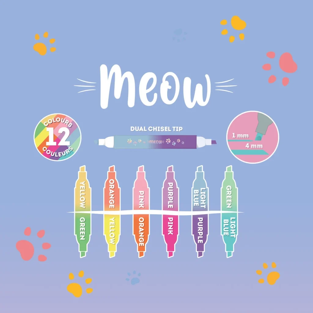 LEGAMI – Set de 6 surligneurs à double pointe Kitty – Meow