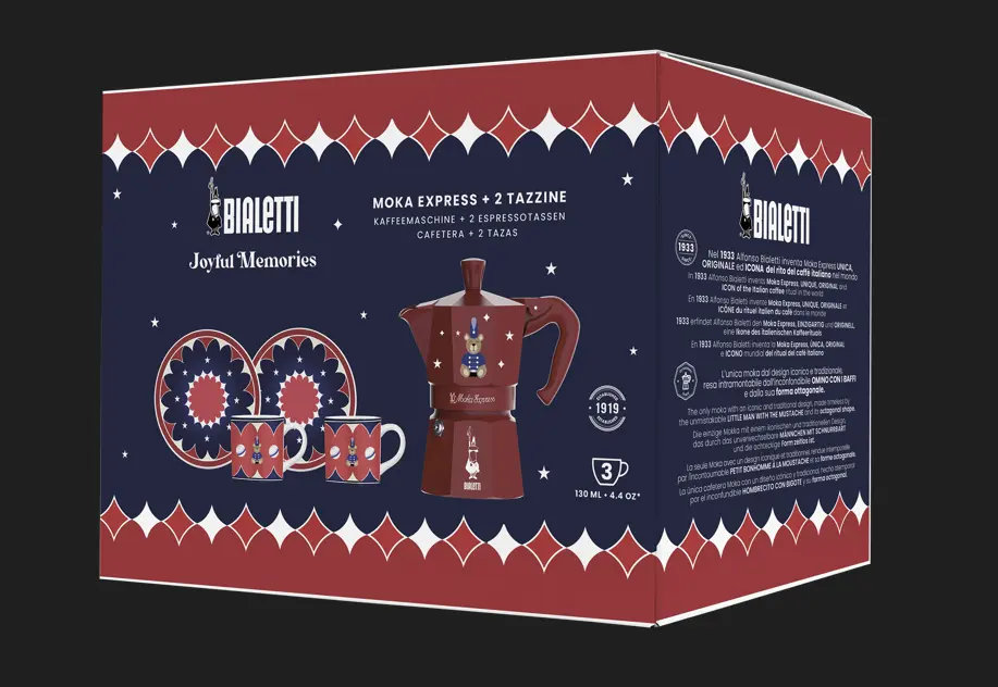 BIALETTI – Coffret cafetière Moka avec son set de tasses – Joyful Memories